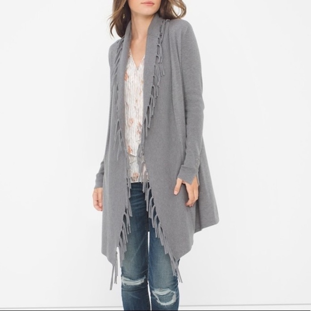 WHITE HOUSE BLACK MARKET Grey Fringe Long Knit Open Cardigan S